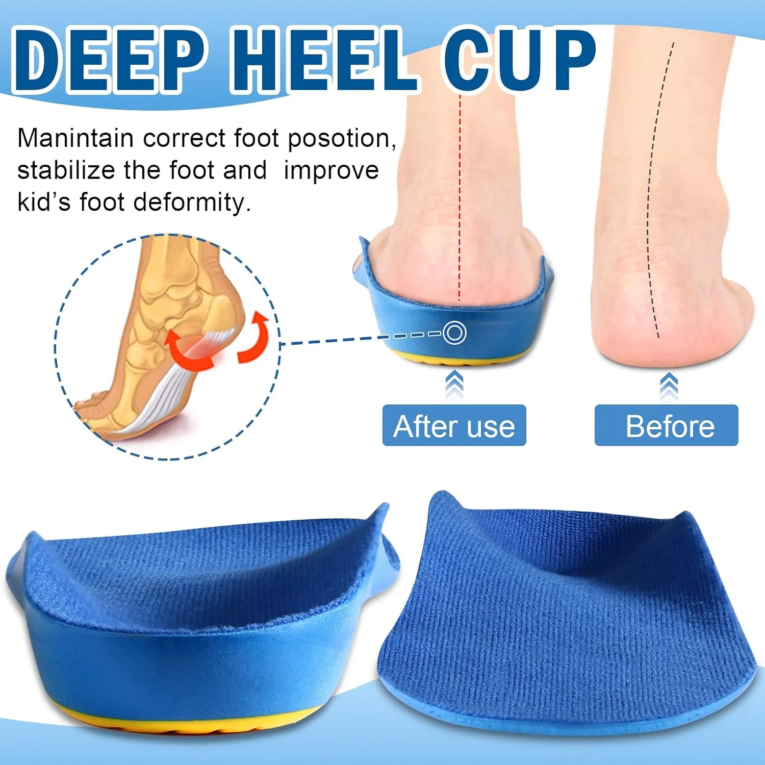 Ailaka Kids Orthotic Cushioning Arch Support Shoe Insoles, Children Pu Foam Inserts for Flat feet, Plantar Fasciitis, Feet Heel Pain Relief Blue