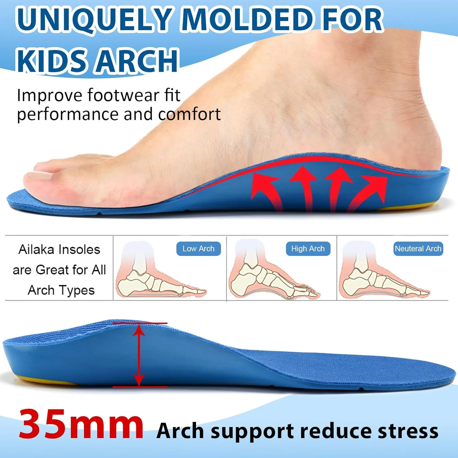 Ailaka Kids Orthotic Cushioning Arch Support Shoe Insoles, Children Pu Foam Inserts for Flat feet, Plantar Fasciitis, Feet Heel Pain Relief Blue