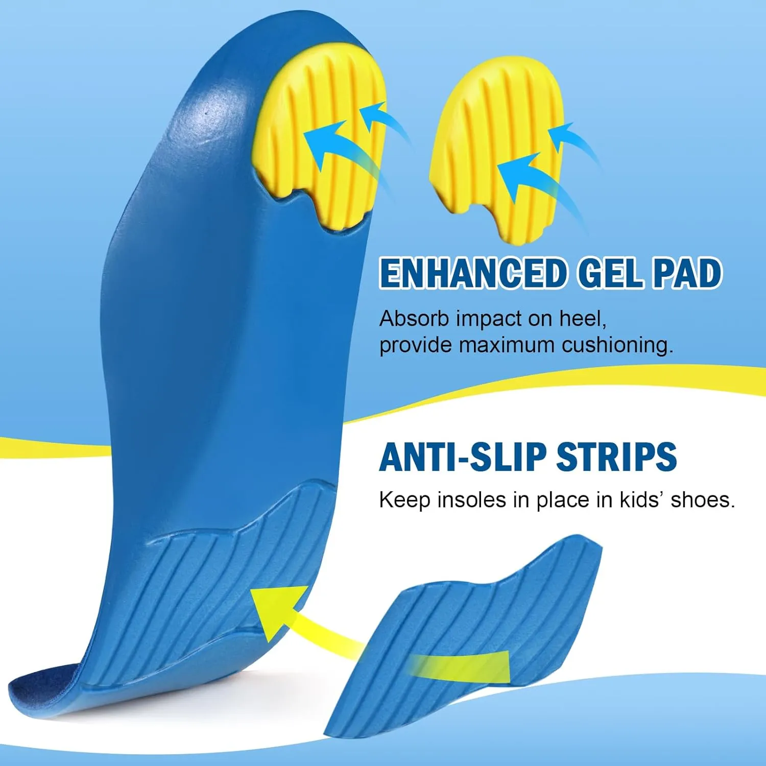 Ailaka Kids Orthotic Cushioning Arch Support Shoe Insoles, Children Pu Foam Inserts for Flat feet, Plantar Fasciitis, Feet Heel Pain Relief Blue